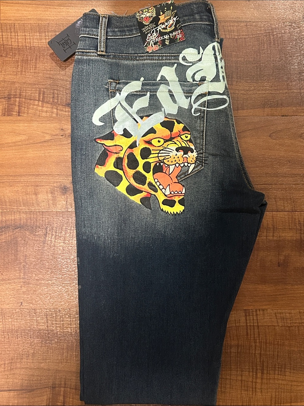 Ed Hardy Dark Blue Jeans with Yellow & Red Tiger Graphics - Picture 5 of 5